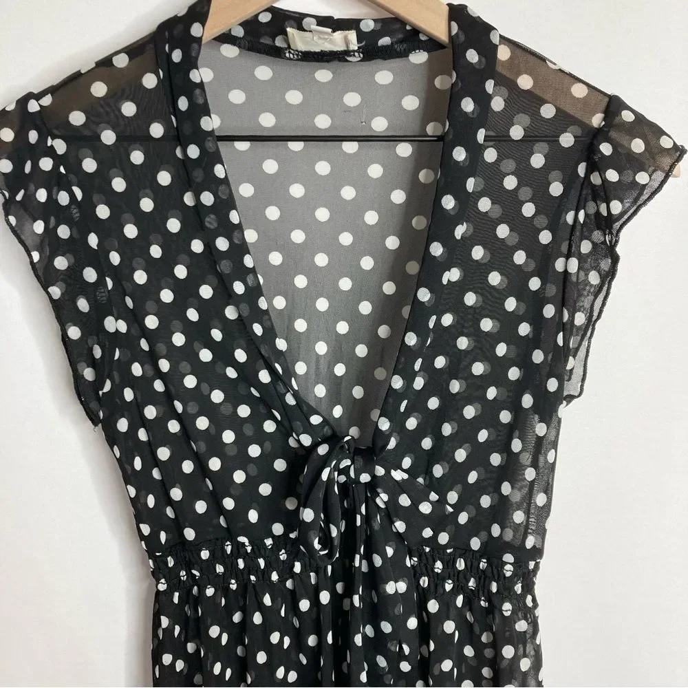 Y2K Lashes Mesh Blouse Black White Polka Dots Deep V Neck Small